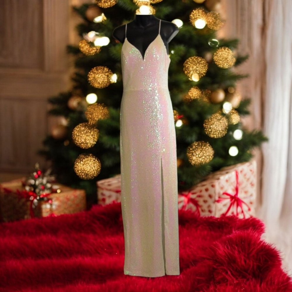 Elegant Cream With Pink Shimmer Sequin Dress